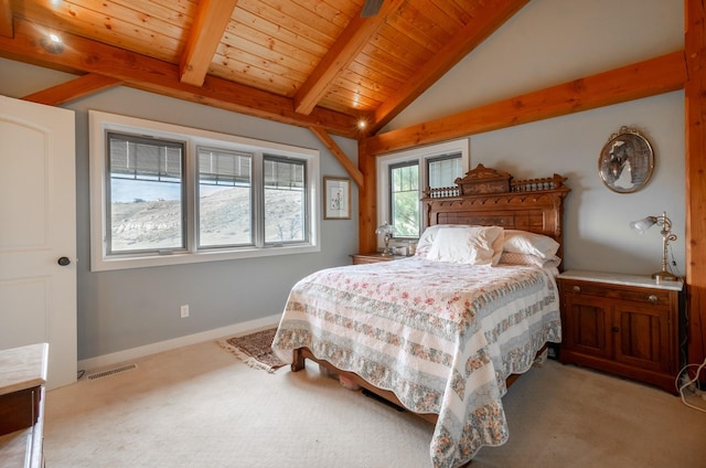 carpeted bedroom featuring vaulted ceiling with beams and wood ceiling