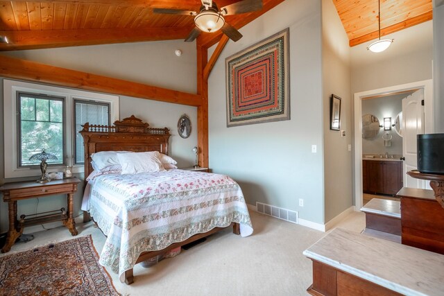 carpeted bedroom with ensuite bath, ceiling fan, wooden ceiling, and lofted ceiling