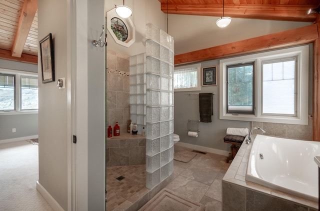 bathroom featuring toilet, vaulted ceiling with beams, separate shower and tub, and wooden ceiling