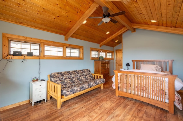 bedroom featuring vaulted ceiling with beams, ceiling fan, wooden ceiling, and light hardwood / wood-style flooring