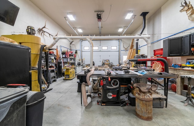 garage with a workshop area