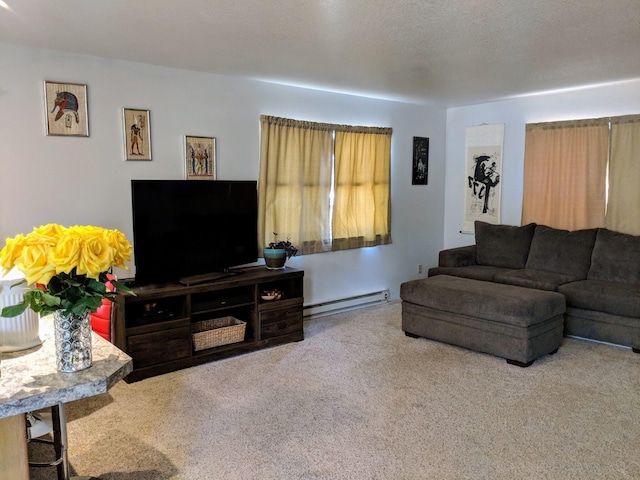 living room featuring light carpet, a textured ceiling, and baseboard heating