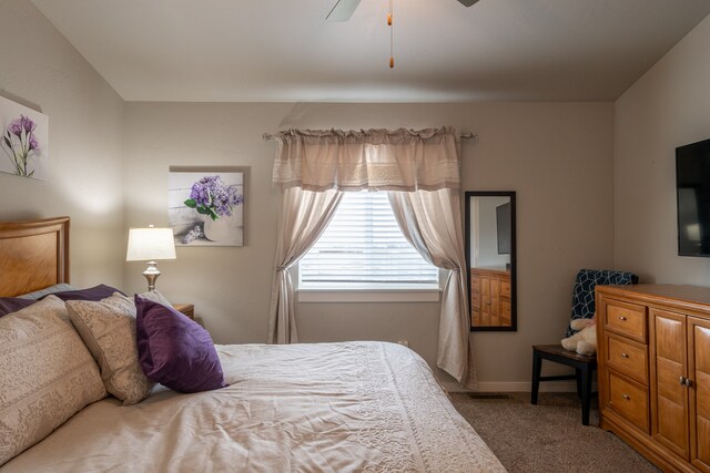 bedroom featuring carpet flooring and ceiling fan