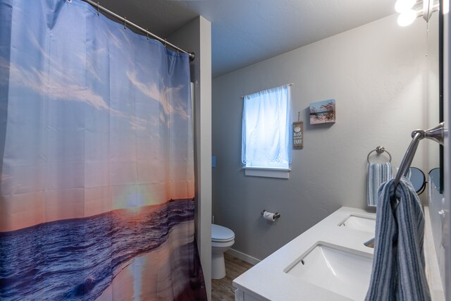 bathroom featuring hardwood / wood-style floors, vanity, and toilet