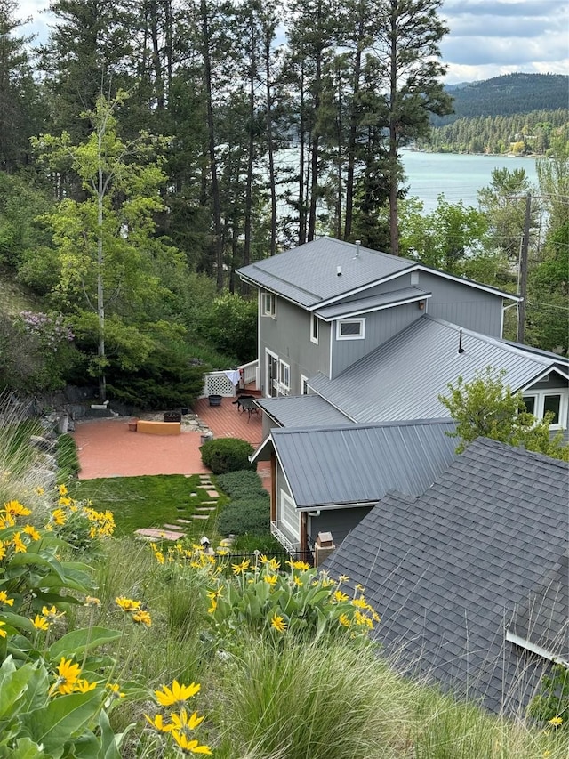 aerial view featuring a water view