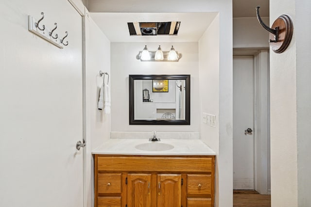 bathroom with wood finished floors and vanity