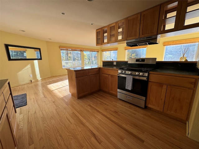 kitchen featuring stainless steel range with gas cooktop, kitchen peninsula, and light hardwood / wood-style flooring