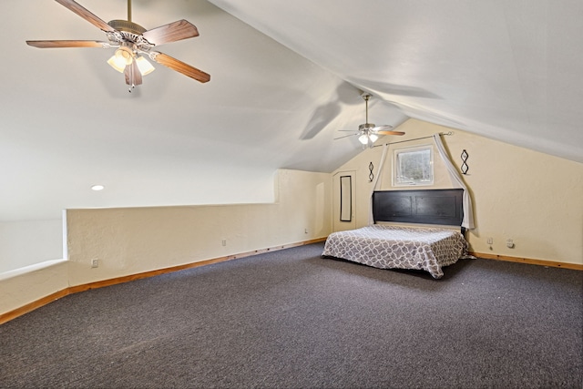 carpeted bedroom with lofted ceiling, a ceiling fan, and baseboards