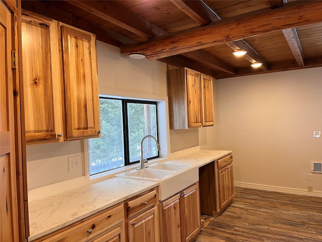 kitchen with light stone countertops, dark wood-type flooring, wooden ceiling, beam ceiling, and sink