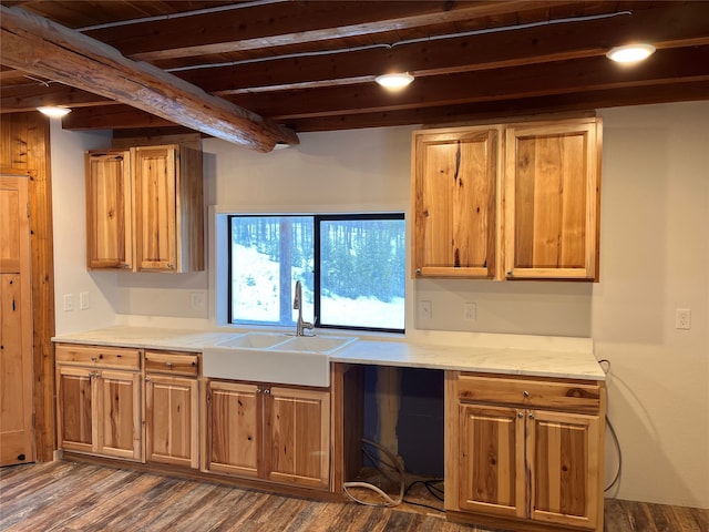 kitchen featuring beamed ceiling, sink, and dark hardwood / wood-style floors