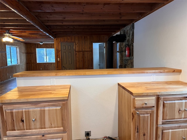 interior space featuring wood ceiling, wood walls, and ceiling fan