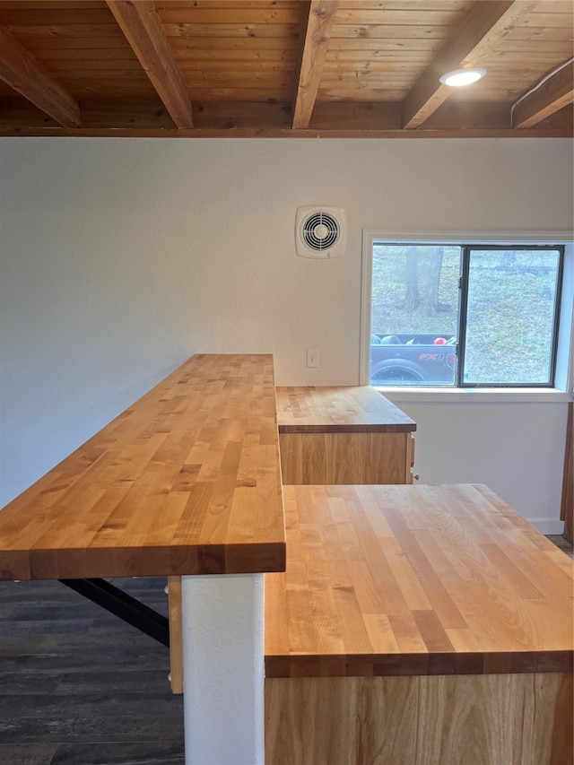 unfurnished dining area with hardwood / wood-style flooring, beamed ceiling, and wooden ceiling