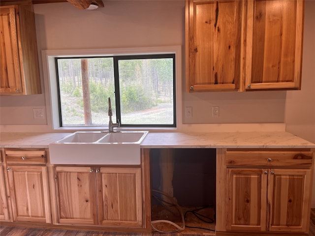 kitchen with dark hardwood / wood-style floors, sink, and light stone counters