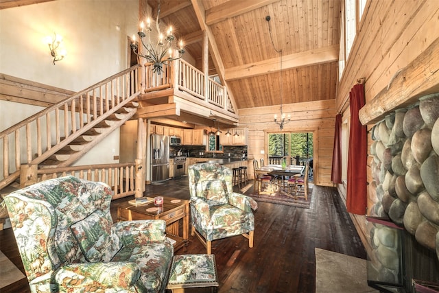 living room featuring hardwood / wood-style flooring, wood ceiling, high vaulted ceiling, and an inviting chandelier