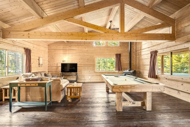 recreation room with wood walls, dark hardwood / wood-style flooring, and wood ceiling