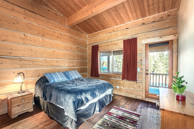 bedroom featuring dark hardwood / wood-style flooring, wooden walls, lofted ceiling with beams, access to exterior, and wood ceiling