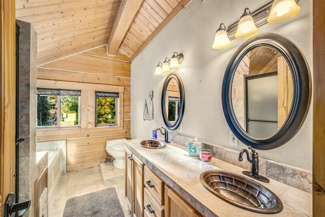 bathroom with a washtub, double sink vanity, wooden walls, toilet, and lofted ceiling with beams