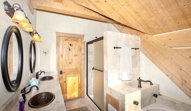 bathroom with double sink, a tub, lofted ceiling, tile patterned flooring, and wood ceiling