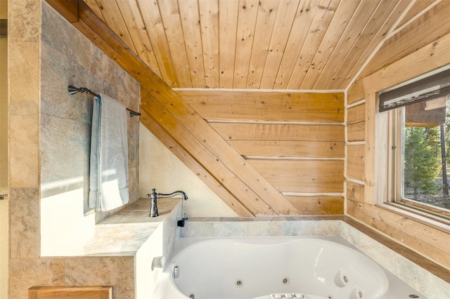 bathroom featuring wooden ceiling and vaulted ceiling