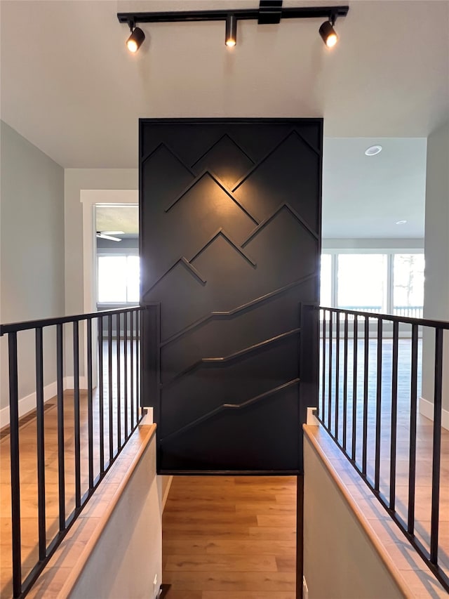 hall featuring rail lighting and light hardwood / wood-style flooring