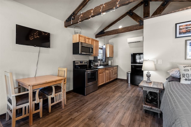 kitchen featuring stainless steel appliances, light brown cabinets, sink, vaulted ceiling with beams, and dark hardwood / wood-style floors