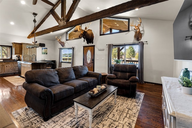 living room with high vaulted ceiling, dark wood-type flooring, sink, and beam ceiling