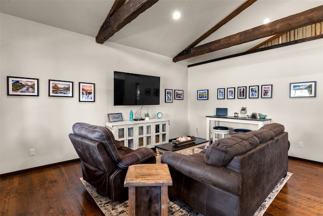 living room featuring vaulted ceiling with beams and dark hardwood / wood-style floors