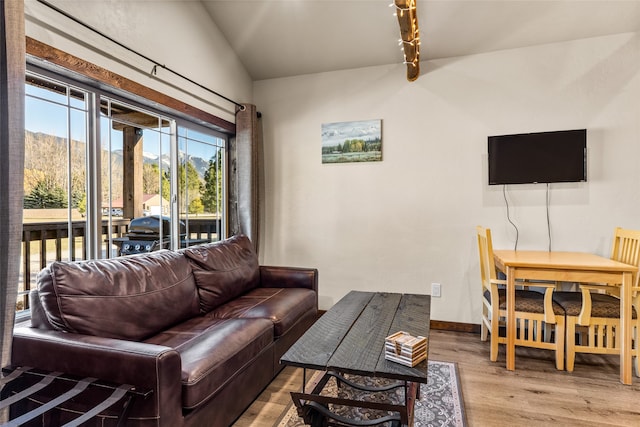 living room with track lighting, light hardwood / wood-style floors, and lofted ceiling