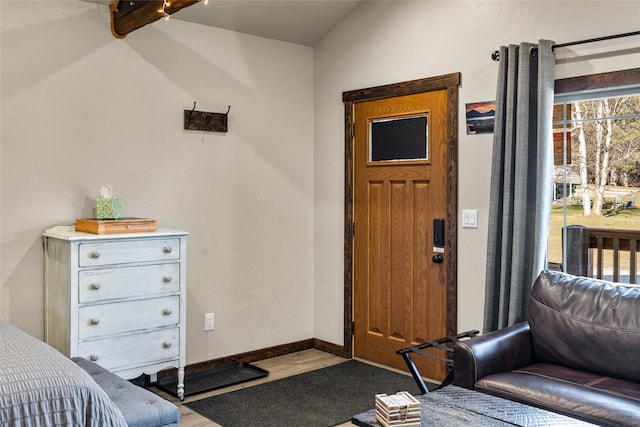 bedroom with lofted ceiling and wood-type flooring