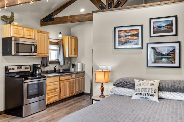 kitchen featuring appliances with stainless steel finishes, light hardwood / wood-style floors, light brown cabinets, and sink