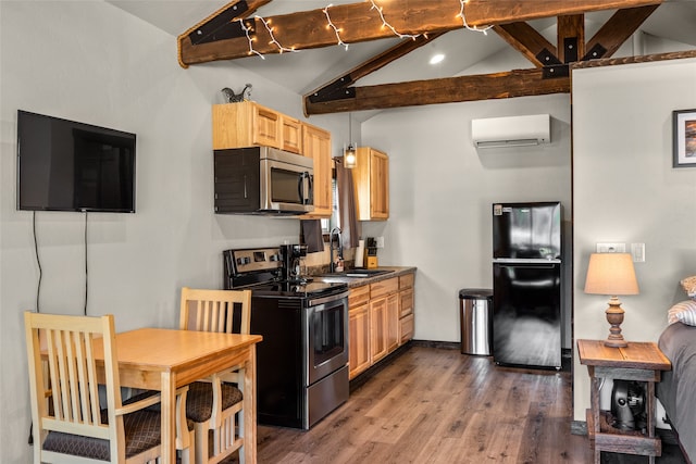 kitchen featuring stainless steel appliances, light hardwood / wood-style floors, sink, vaulted ceiling with beams, and a wall unit AC