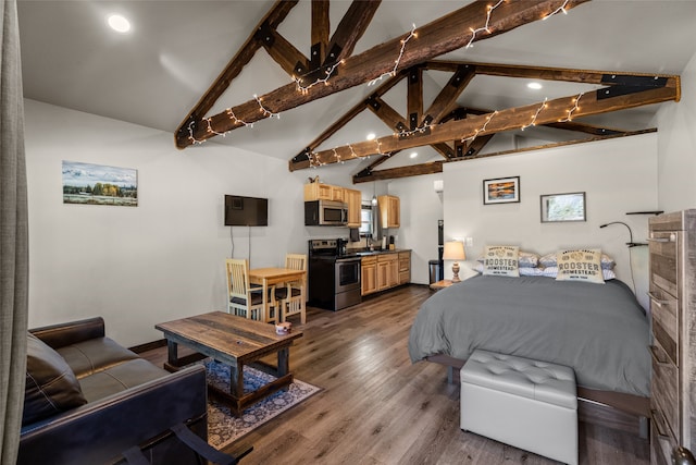 bedroom featuring sink, high vaulted ceiling, dark hardwood / wood-style flooring, and beamed ceiling