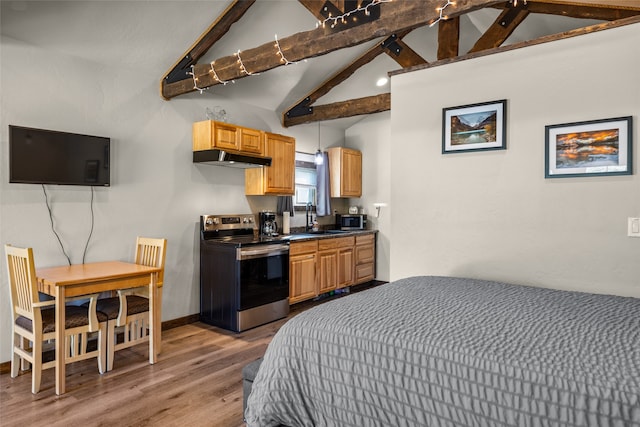 bedroom with lofted ceiling with beams, hardwood / wood-style flooring, and sink