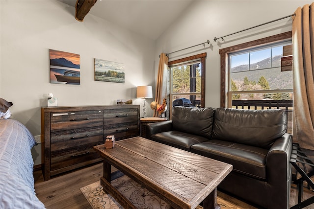 living room featuring vaulted ceiling with beams and dark hardwood / wood-style floors