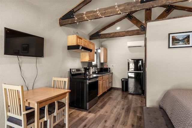 kitchen with stainless steel appliances, sink, dark hardwood / wood-style flooring, vaulted ceiling with beams, and light brown cabinets