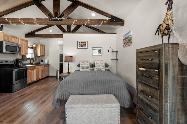 bedroom with sink, dark hardwood / wood-style flooring, and vaulted ceiling with beams