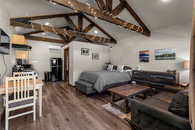 bedroom with dark hardwood / wood-style flooring, vaulted ceiling with beams, and a wall mounted AC