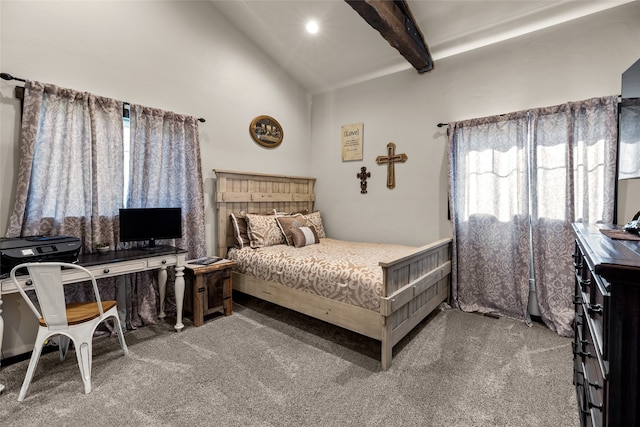 bedroom featuring lofted ceiling with beams and dark colored carpet