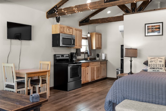 kitchen featuring appliances with stainless steel finishes, sink, dark hardwood / wood-style flooring, light brown cabinetry, and vaulted ceiling with beams