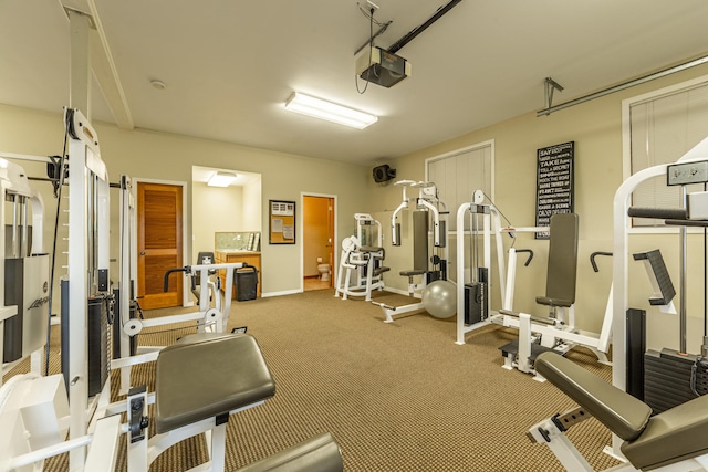 gym featuring light colored carpet