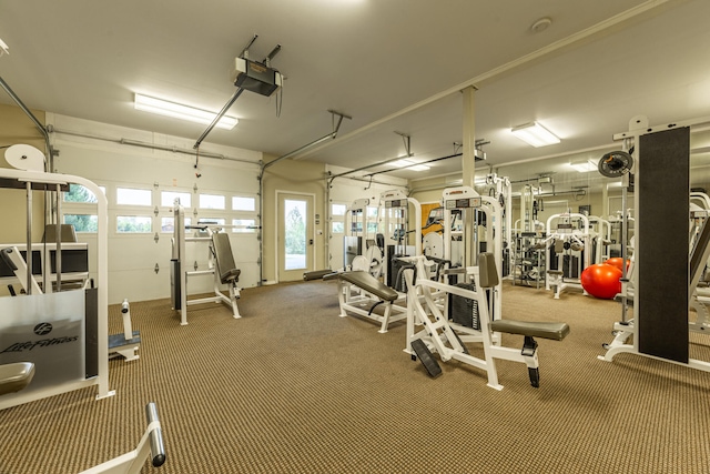 workout area with dark carpet