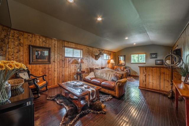 living room featuring wood walls, vaulted ceiling, and dark wood-type flooring