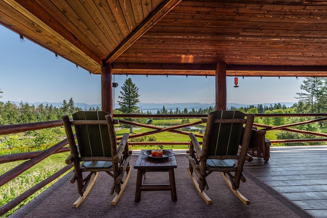 view of terrace featuring a mountain view