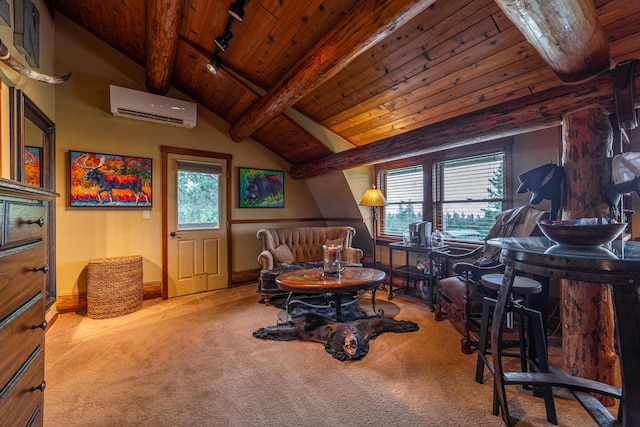 living area featuring wooden ceiling, light carpet, an AC wall unit, and track lighting