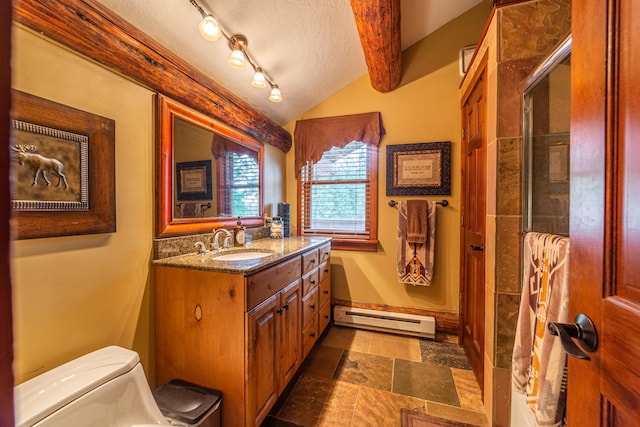 bathroom featuring vanity with extensive cabinet space, lofted ceiling with beams, a baseboard radiator, toilet, and a textured ceiling