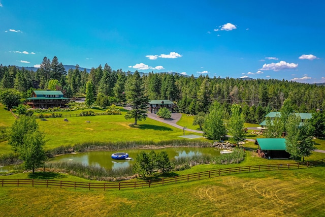 drone / aerial view with a water view and a rural view