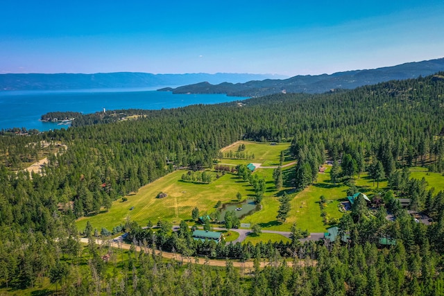 aerial view featuring a water and mountain view