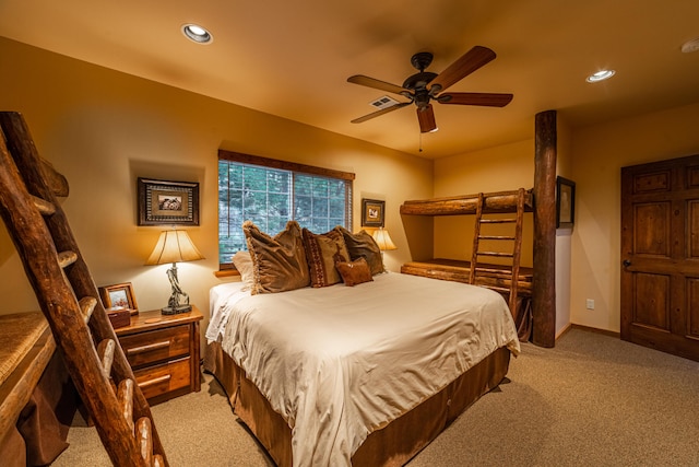 bedroom with light carpet and ceiling fan