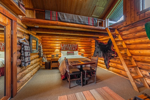 interior space with high vaulted ceiling, wooden ceiling, carpet flooring, and rustic walls