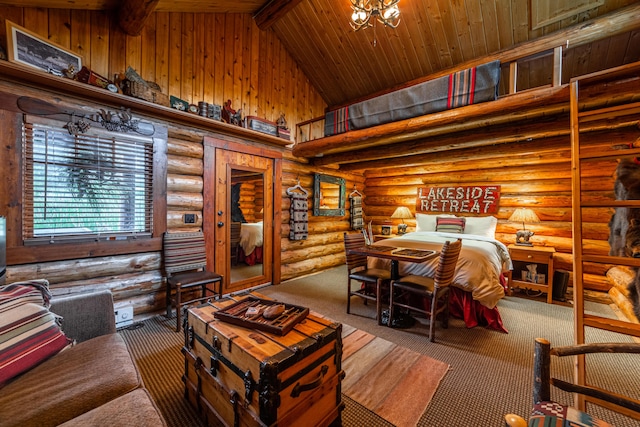 interior space featuring high vaulted ceiling, log walls, beam ceiling, a notable chandelier, and wood ceiling